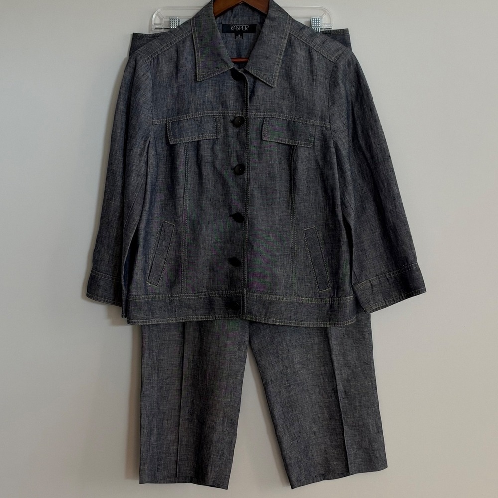 Kasper Women's Linen Pant Suit Set Blue Chambray Blazer Jacket Trousers Size 12